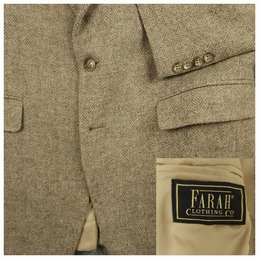Vtg Ivy Style Tweed Wool Sack Jacket Mens 42L Herringbone Wide Lapel 90s Y2K Tan